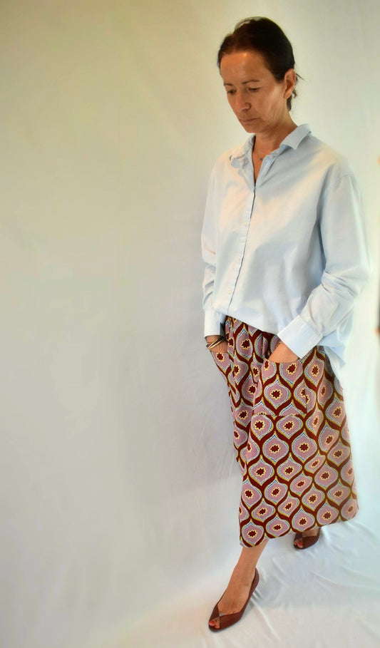 African Print Pink Stars Midi Wrap Skirt