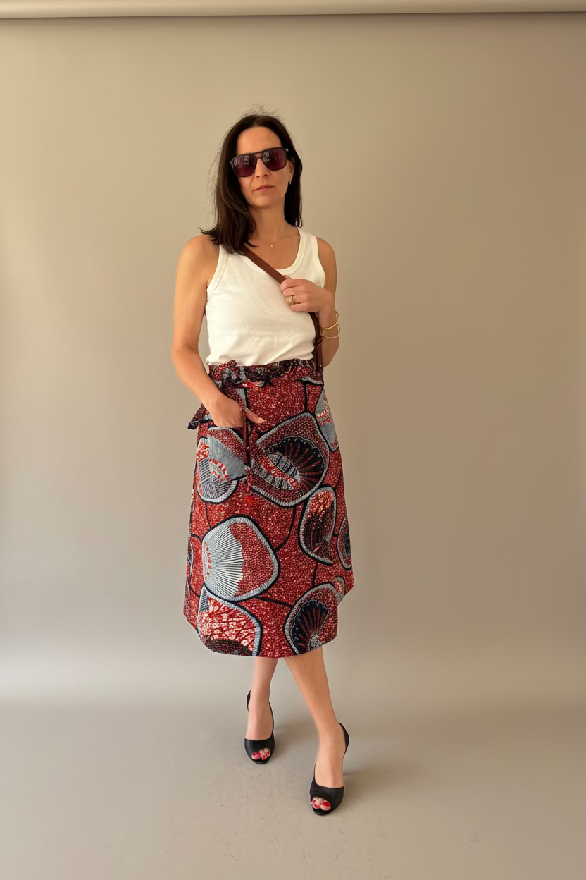 Scarlet Mosaic Midi Wrap Skirt