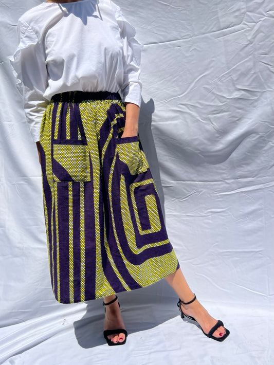 Purple & Yellow Elastic waist Midi skirt African print