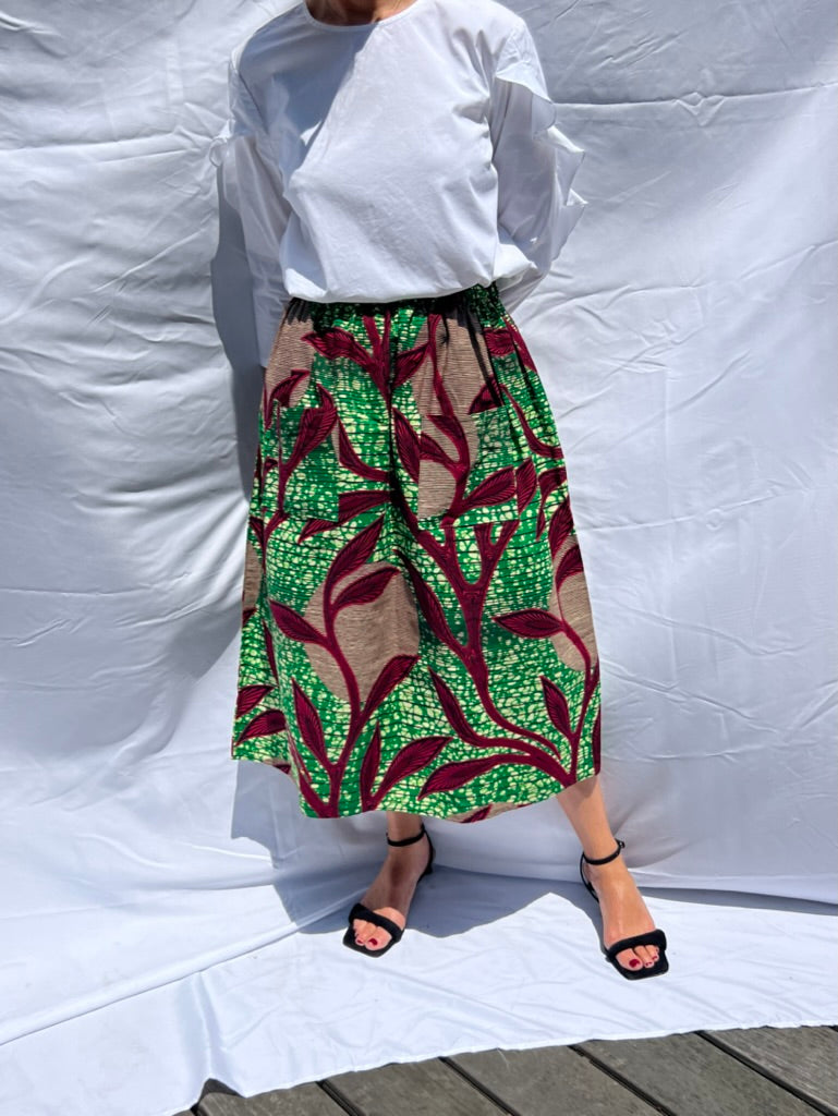 Green & Pink elastic waist mid skirt African print
