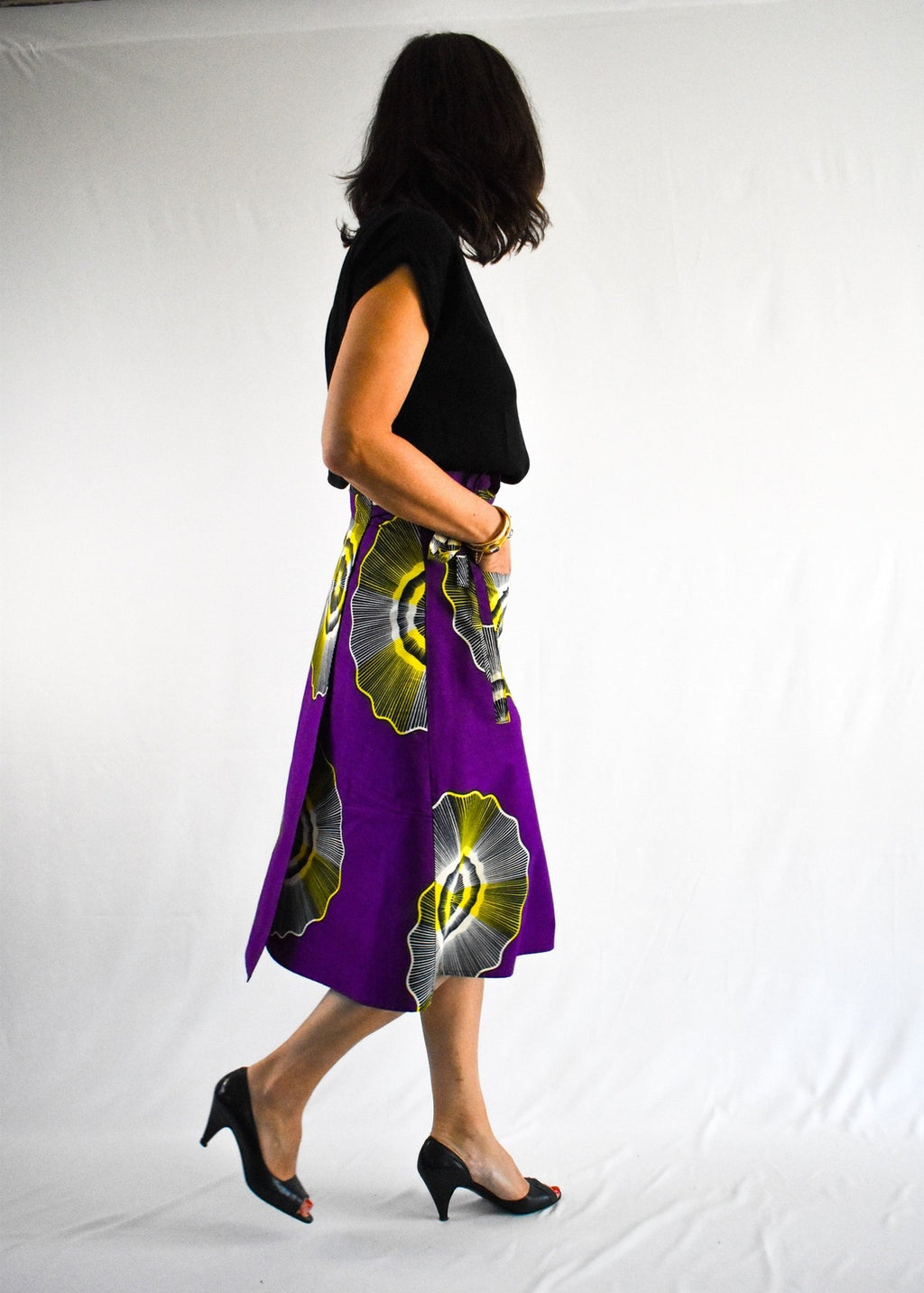 Vibrant Purple & Yellow Midi Wrap Skirt