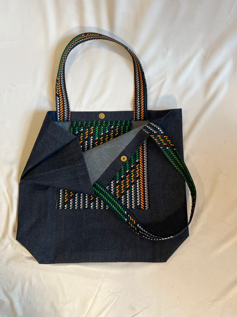 Denim Bricks great big bag African print open inside pocket