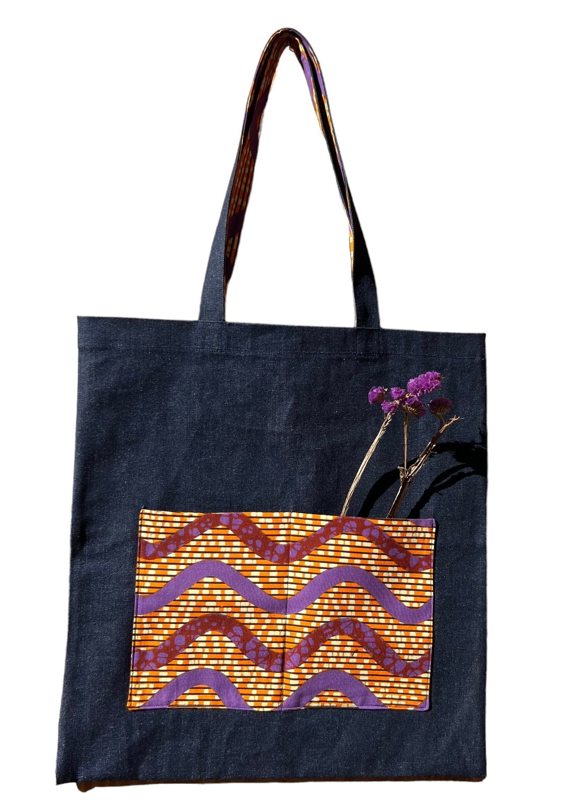 Denim Tote Bag with African Print 