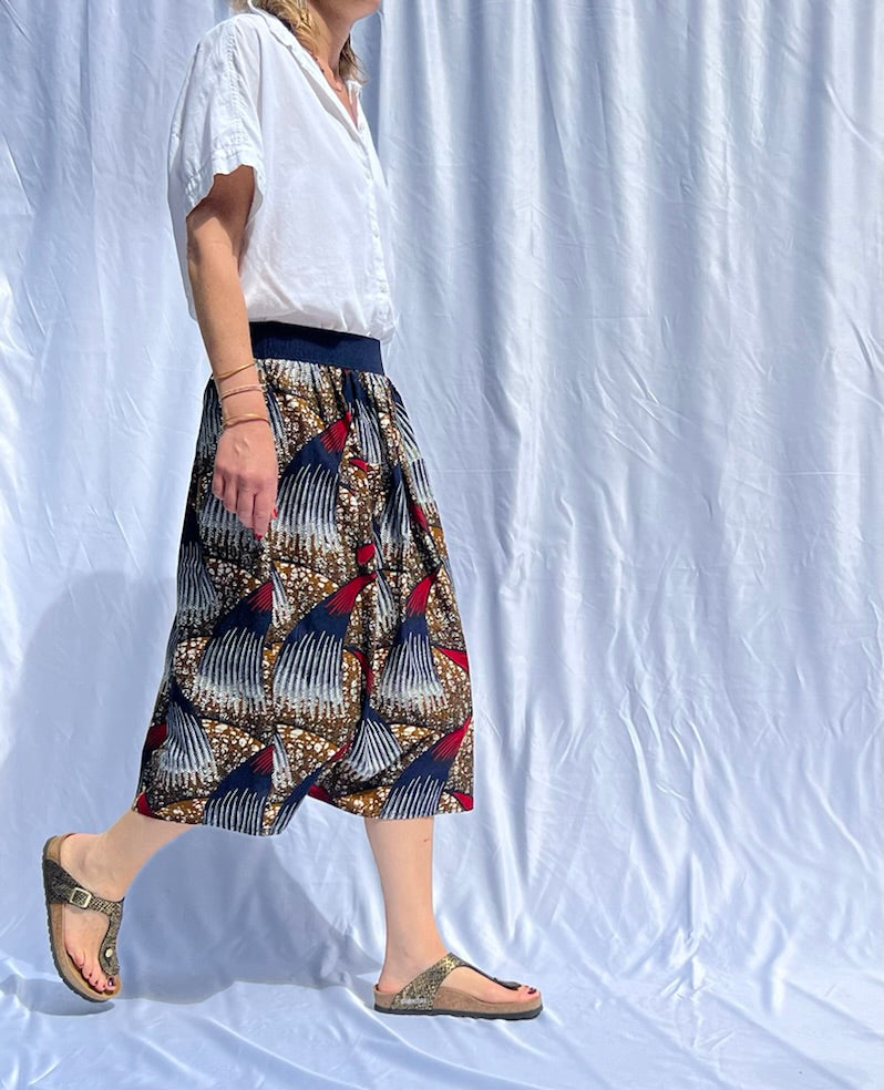 Waves Elastic Waist Midi Skirt Red Blue Olive green African Print elastic out