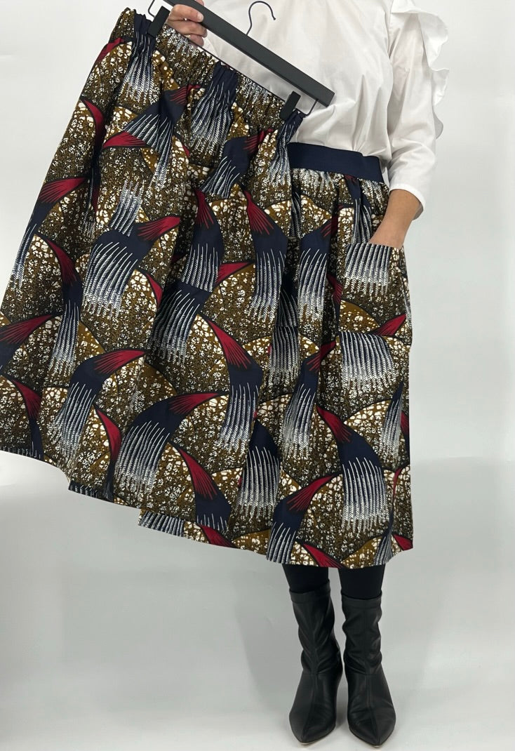 Waves Elastic Waist Midi Skirt Red Blue Olive green African Print