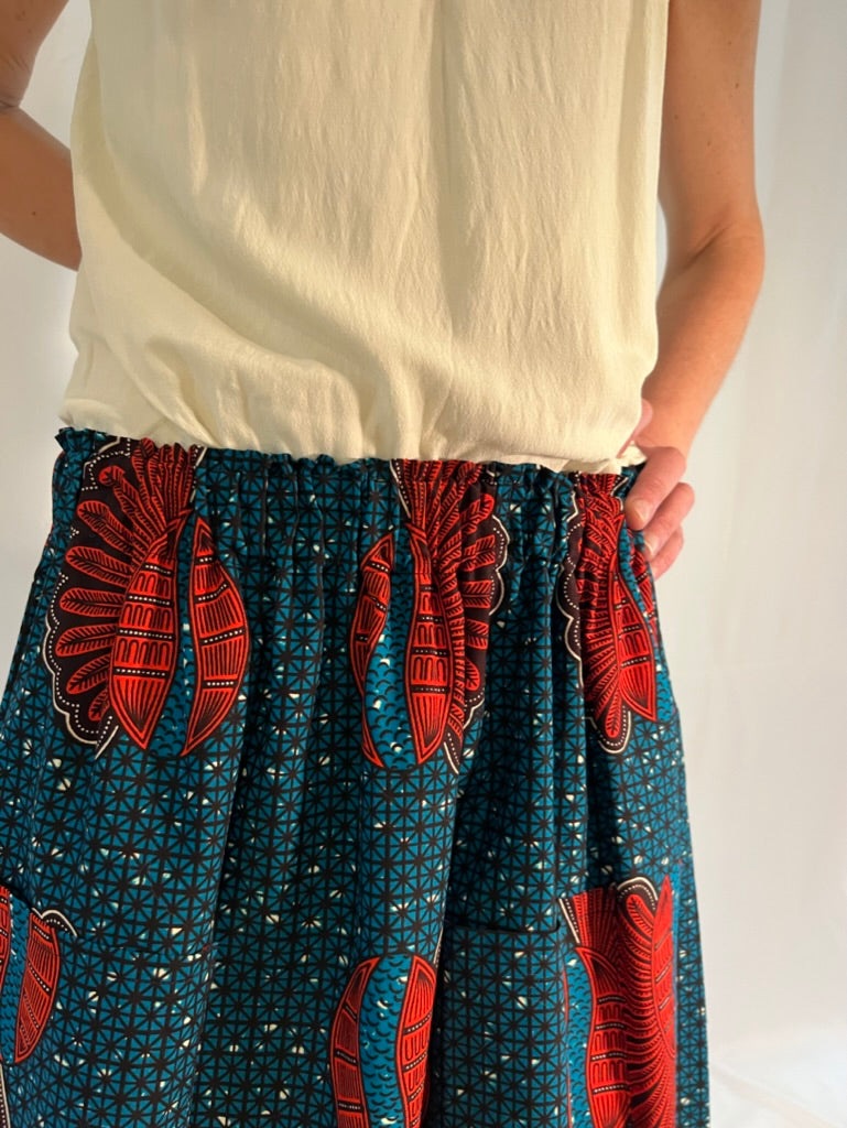 Blue & Red coffee bean Elastic waist midi skirt African print waist close up