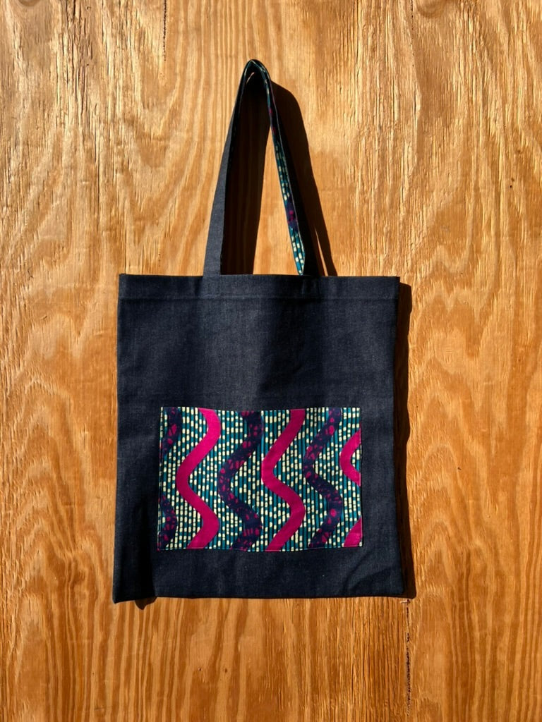Denim Tote with Pink & Blue African Print