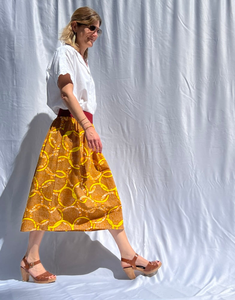 Yellow Circles Elastic Waist Midi Skirt African Print
