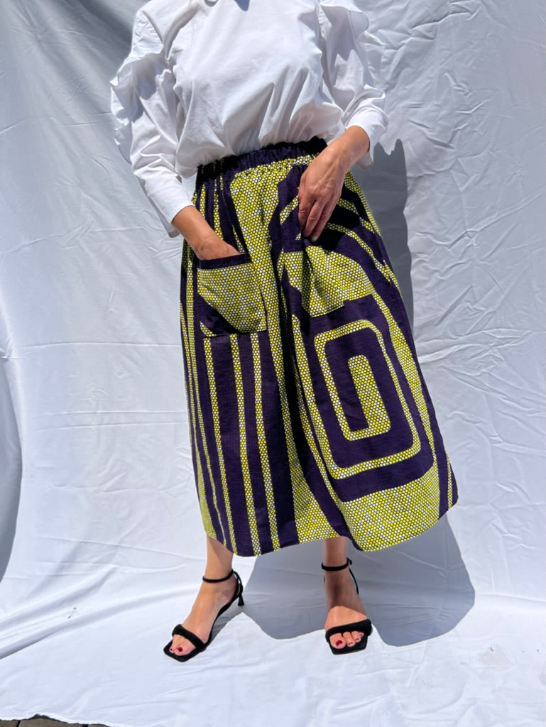 Purple & Yellow Elastic waist Midi skirt African print Japanese vibes