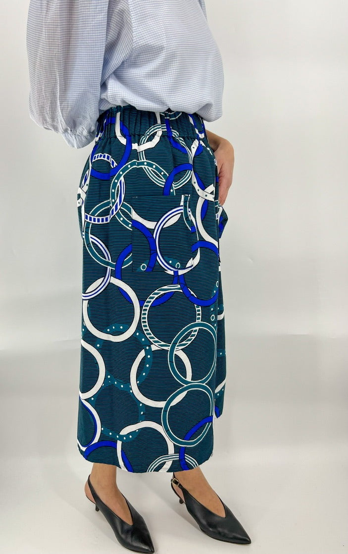 Nautique teal Elastic wait midi skirt African Print