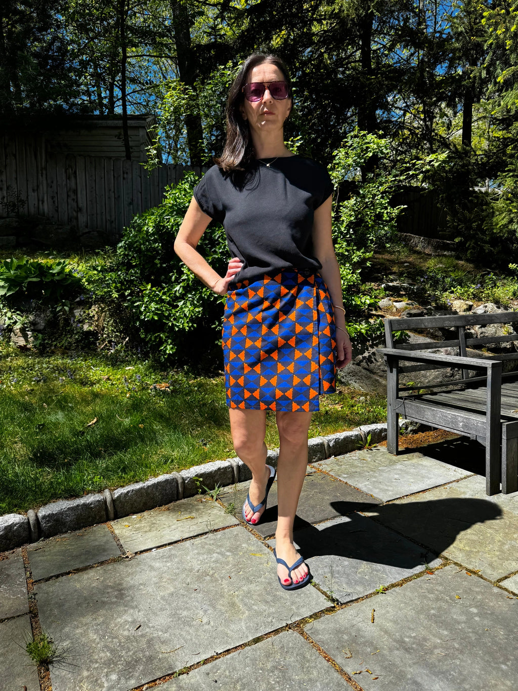 Blue & Orange Diamonds Mini Wrap Skirt with buttons