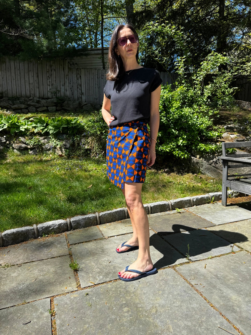 Blue & Orange Diamonds Mini Wrap Skirt with buttons