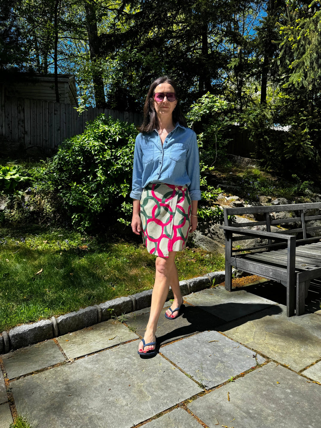 Green & Pink Mini Wrap Skirt with buttons