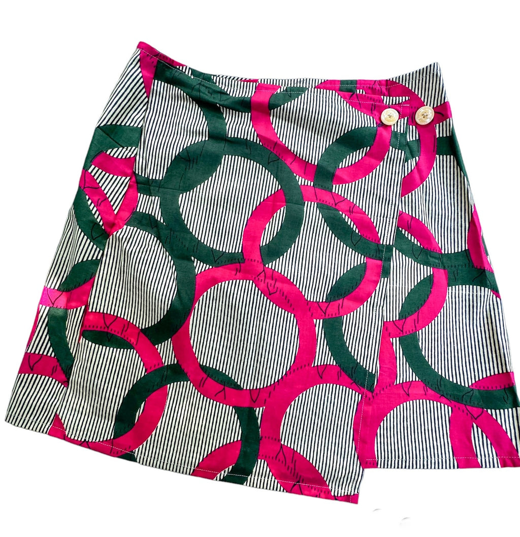 Green & Pink Mini Wrap Skirt with buttons