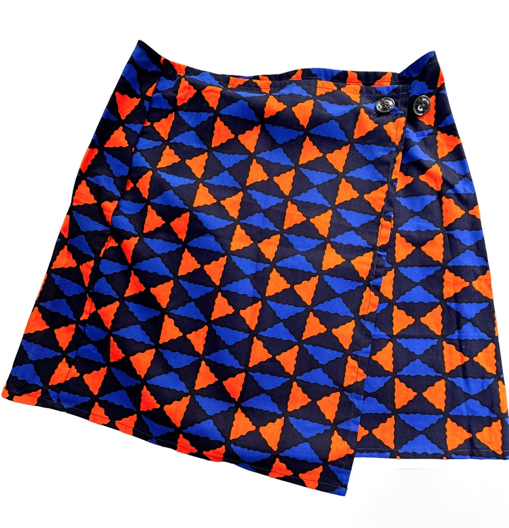 Blue & Orange Diamonds Mini Wrap Skirt with buttons