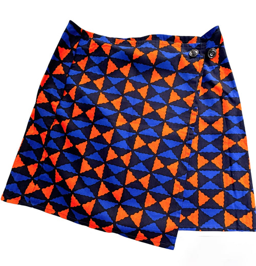 Blue & Orange Diamonds Mini Wrap Skirt with buttons