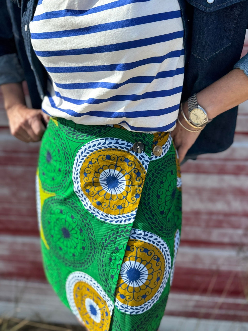 Bright Green Mini Wrap Skirt with buttons