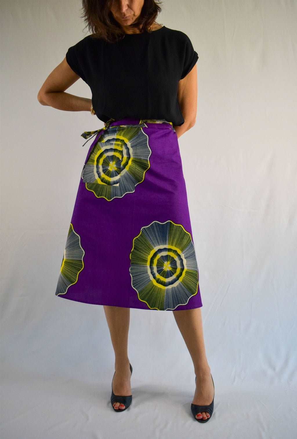 Vibrant Purple & Yellow Midi Wrap Skirt