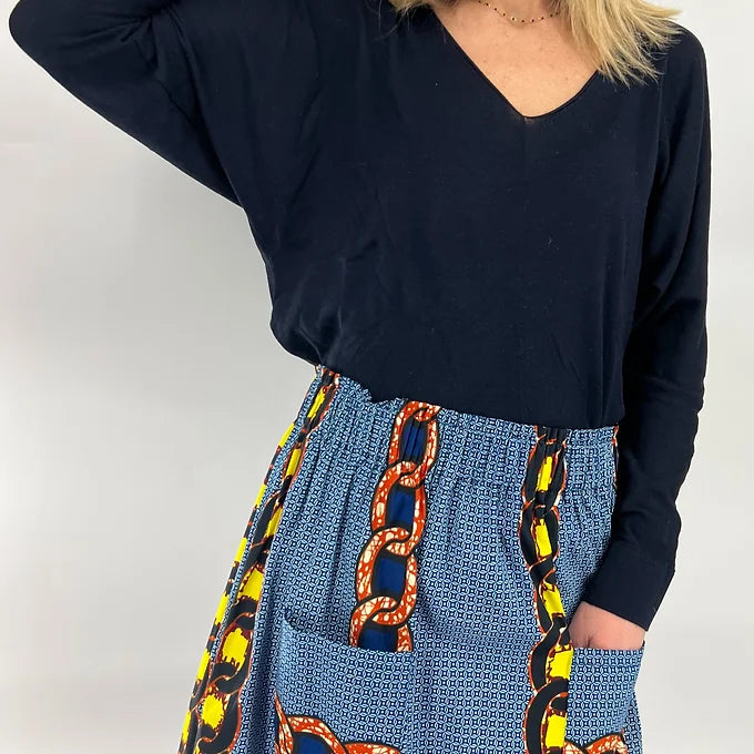 Blue Chains Elastic Waist Midi Skirt