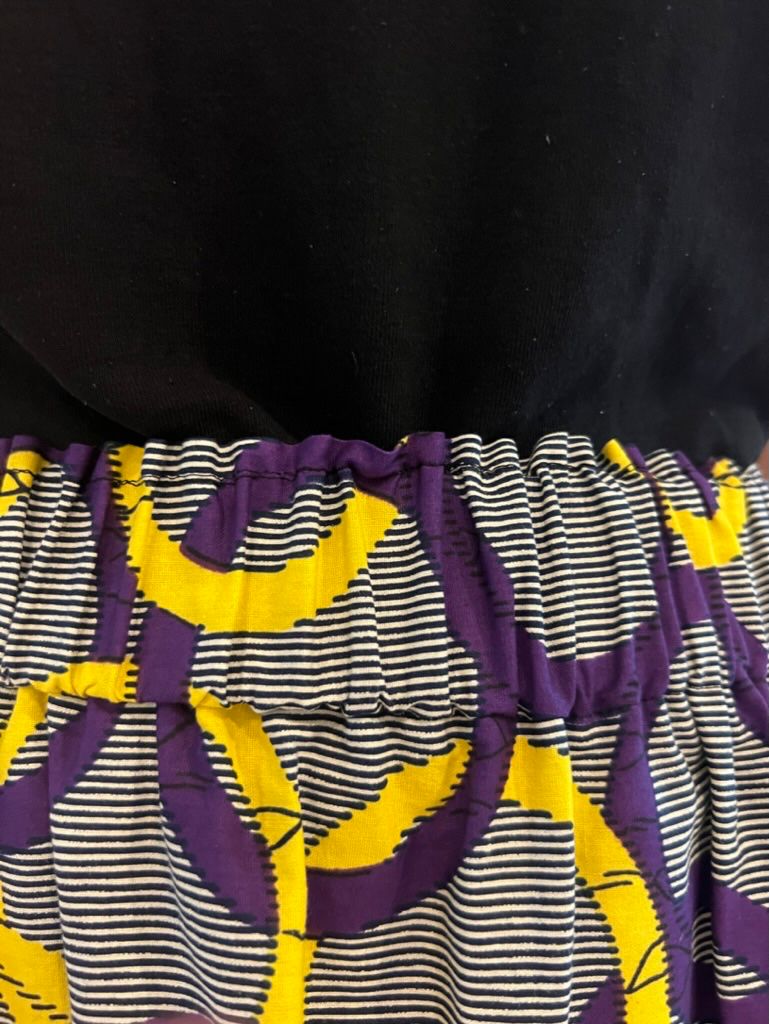 Purple & Yellow Circles Elastic Waist Midi Skirt African print Close up