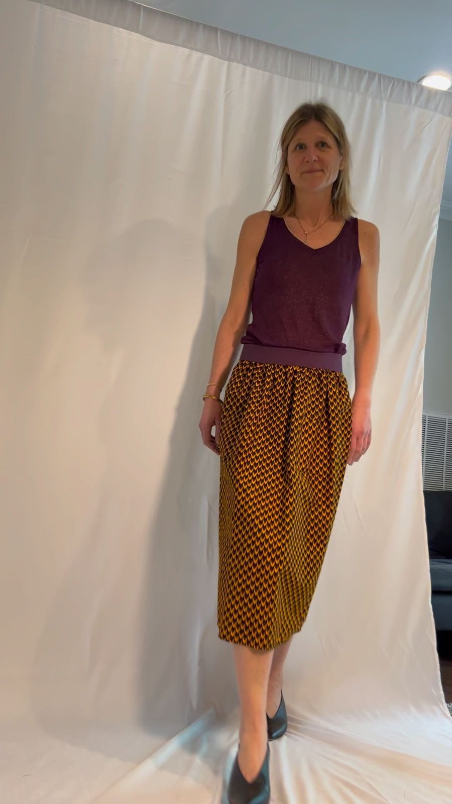 Gold Elastic Waist Midi Skirt