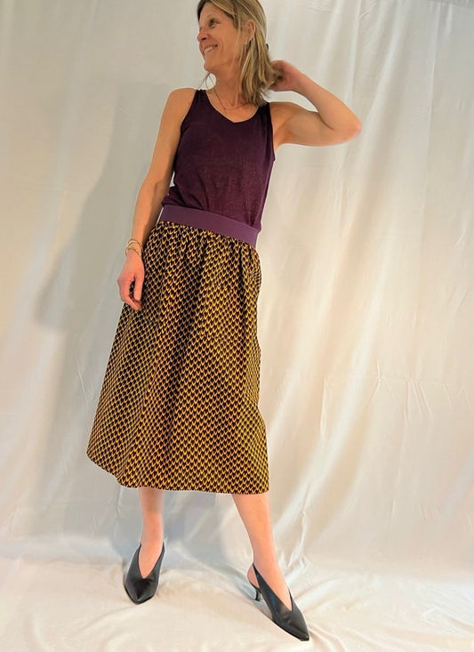 Gold Elastic Waist Midi Skirt