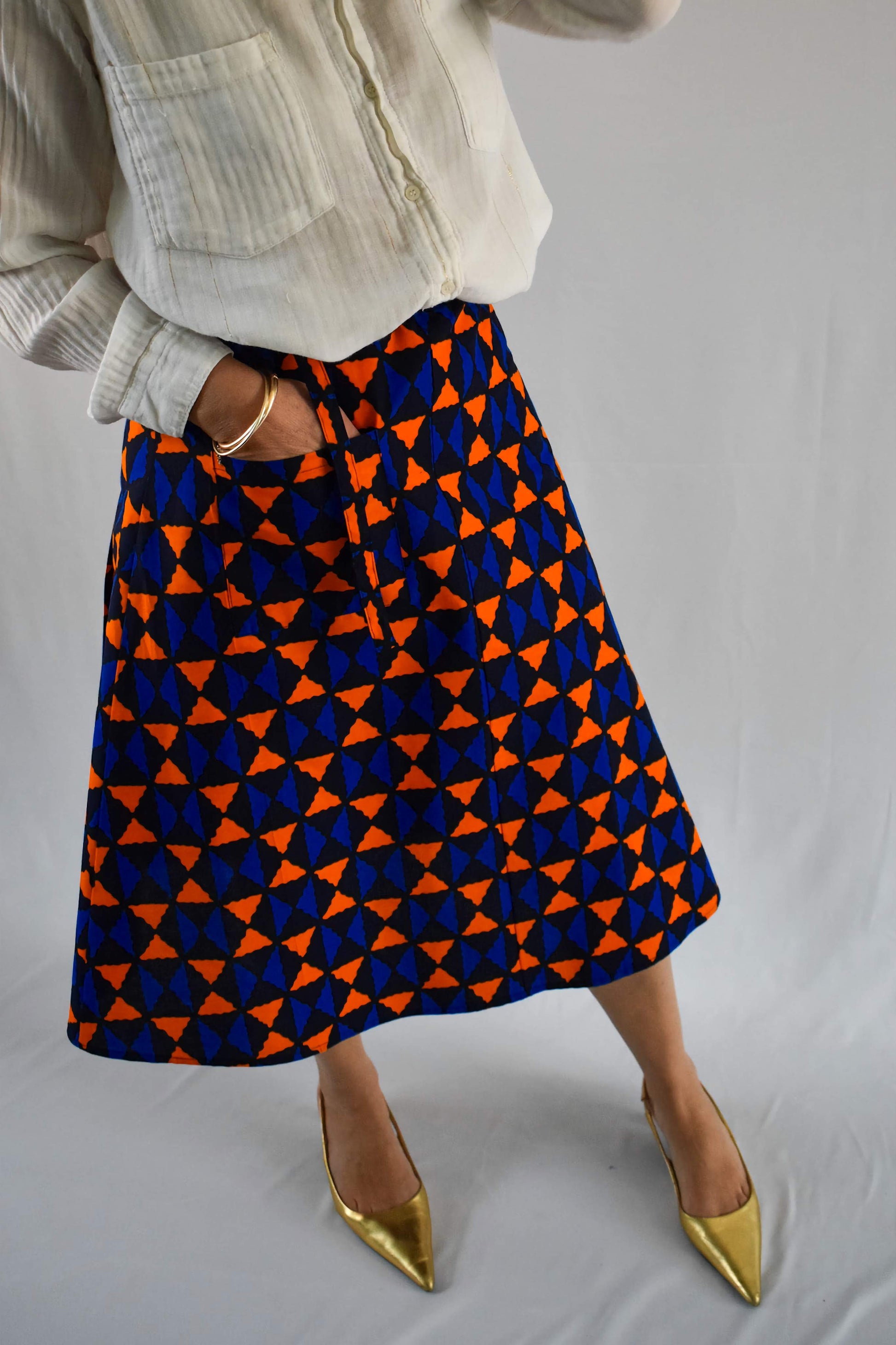 Aline Handmade Blue and Orange Losanges Midi Wrap Skirt onsēm