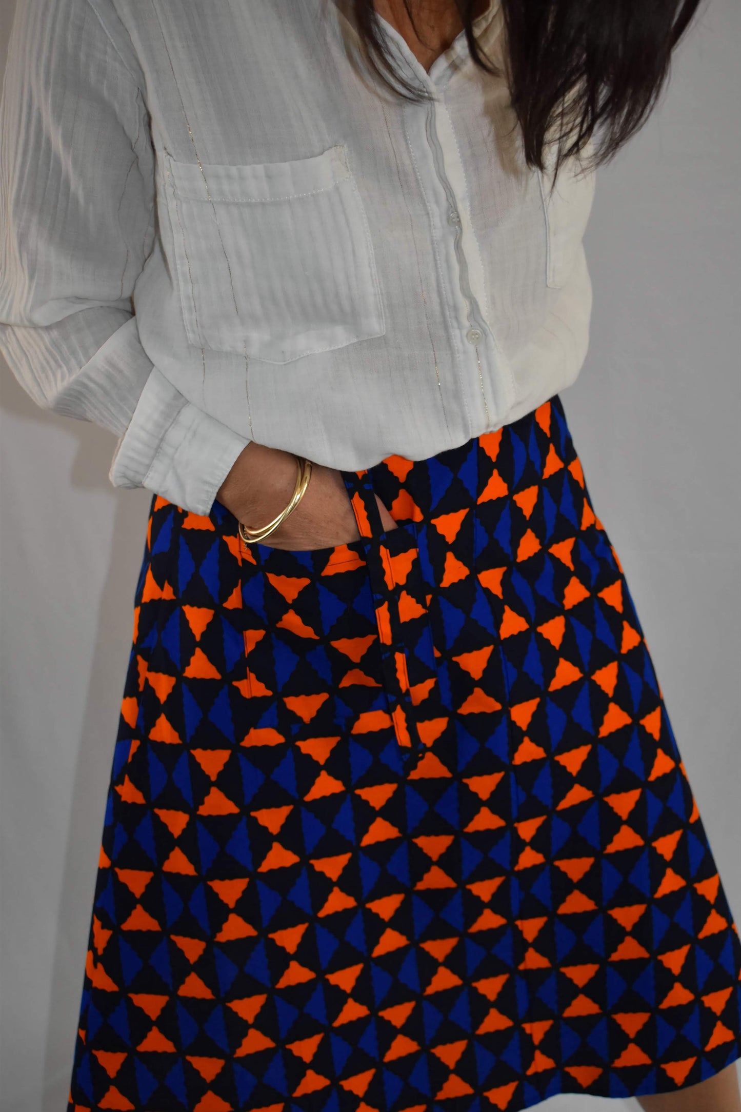 Aline Handmade Blue and Orange Losanges Midi Wrap Skirt onsēm