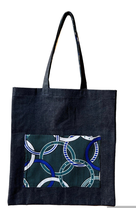 Nautic teal Denim Tote Bag and African Fabric