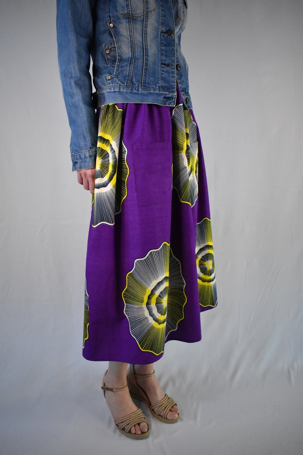 Vibrant Purple & Yellow Elastic Waist Midi Skirt