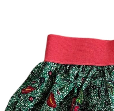 Green Dragon Elastic Waist Mini Skirt with Coral Waistband close up