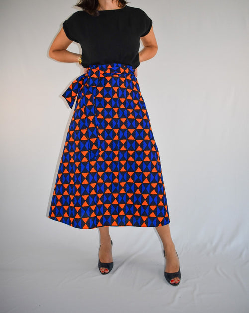 African Print Blue and Orange Losanges Long Wrap Skirt