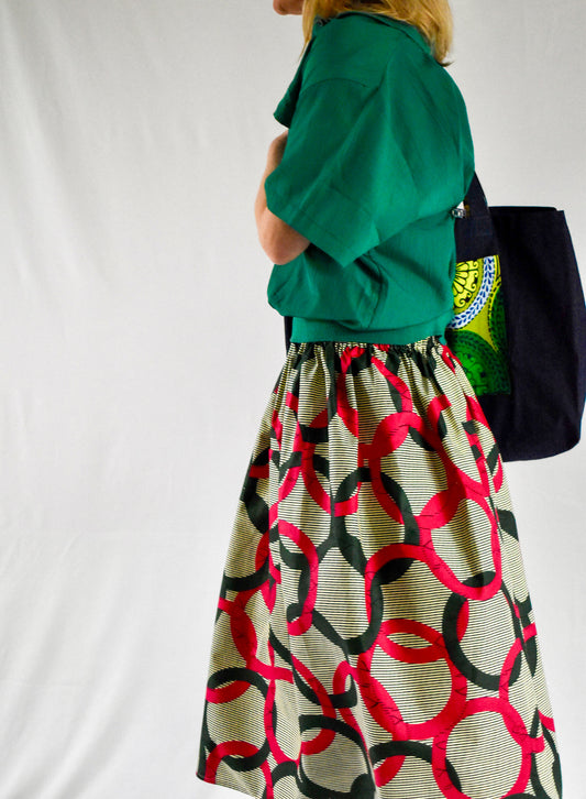 Green & Pink Circles Elastic Waist Midi Skirt