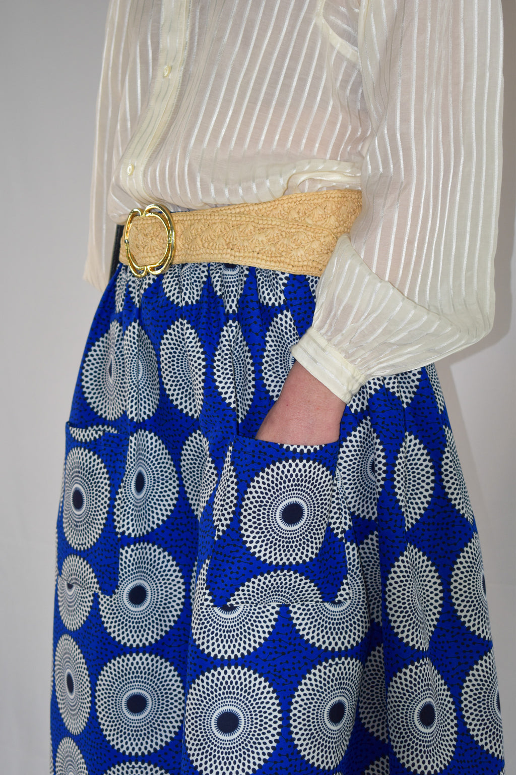 Bright Blue African Print Midi Elastic Waist Skirt