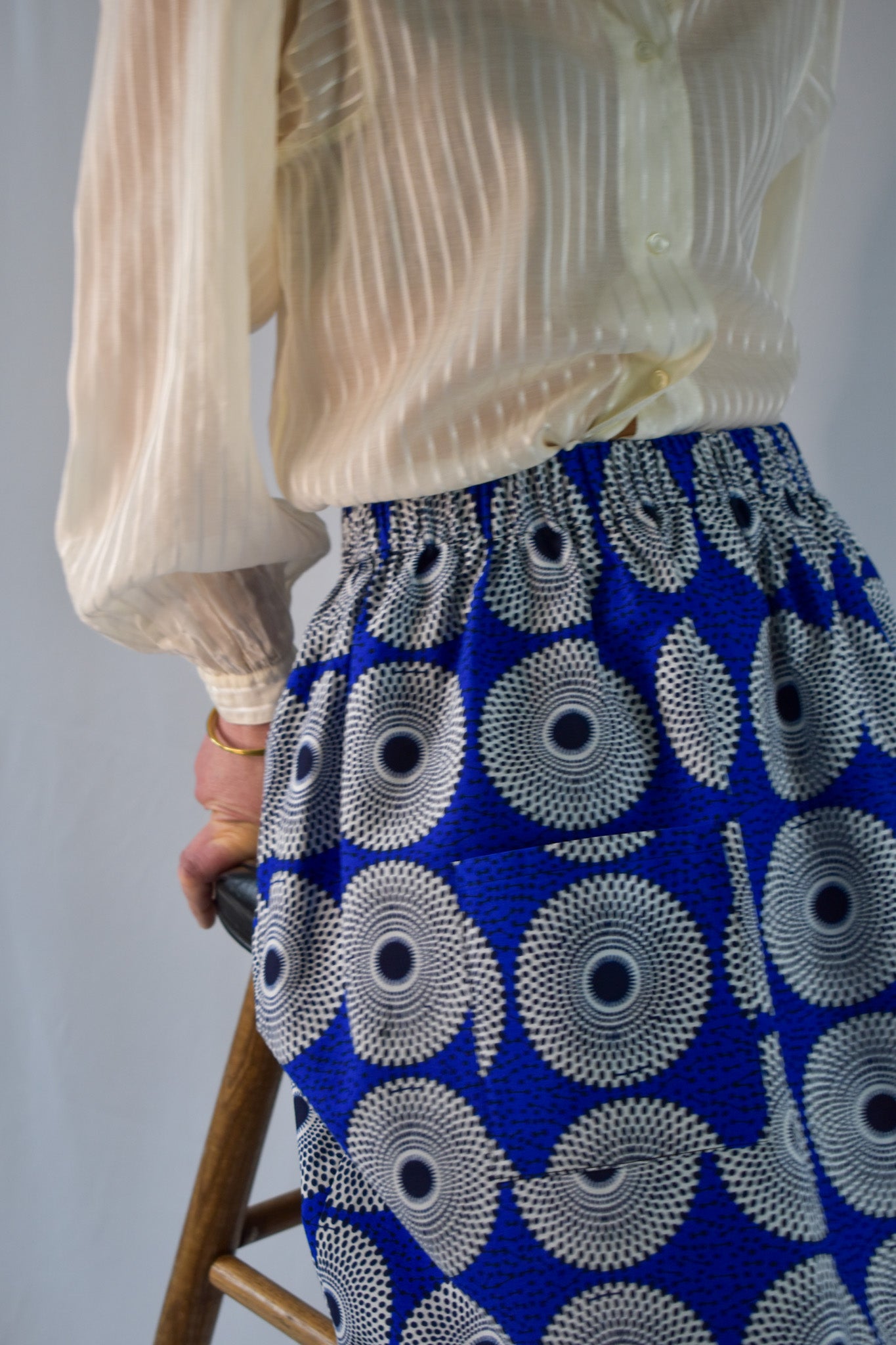 Bright Blue African Print Midi Elastic Waist Skirt