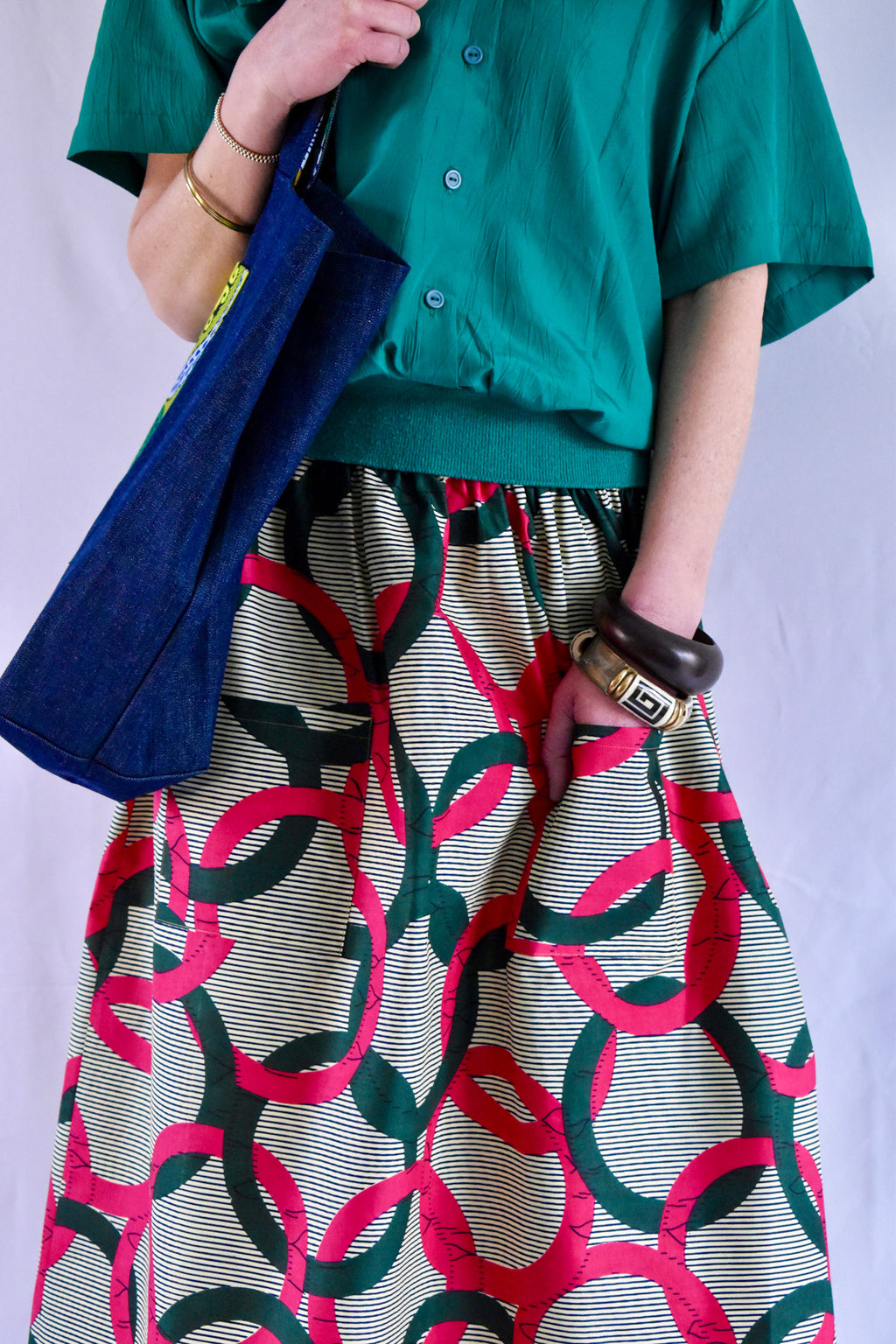 Green & Pink Circles Elastic Waist Midi Skirt