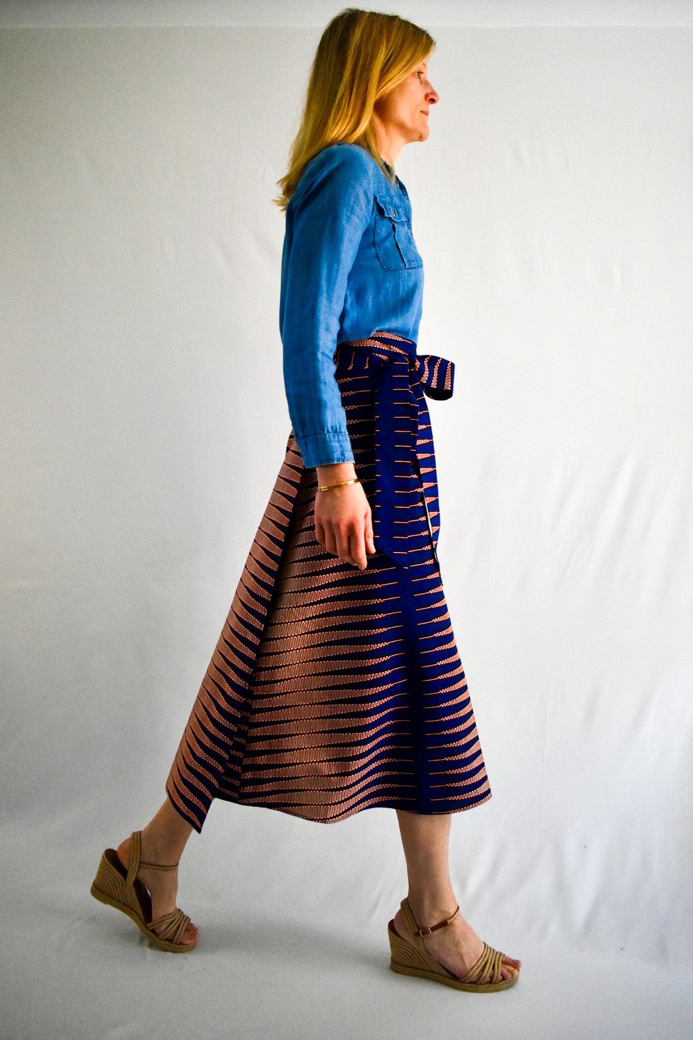 Blue and Burgundy Stripes Long Wrap Skirt