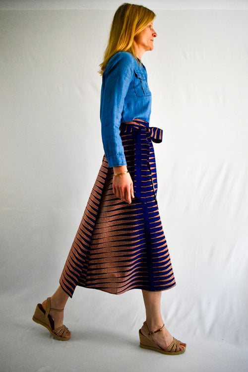 Blue and Burgundy Stripes Long Wrap Skirt