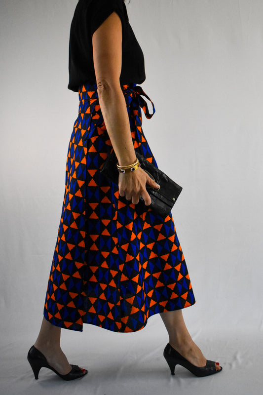 African Print Blue and Orange Losanges Long Wrap Skirt