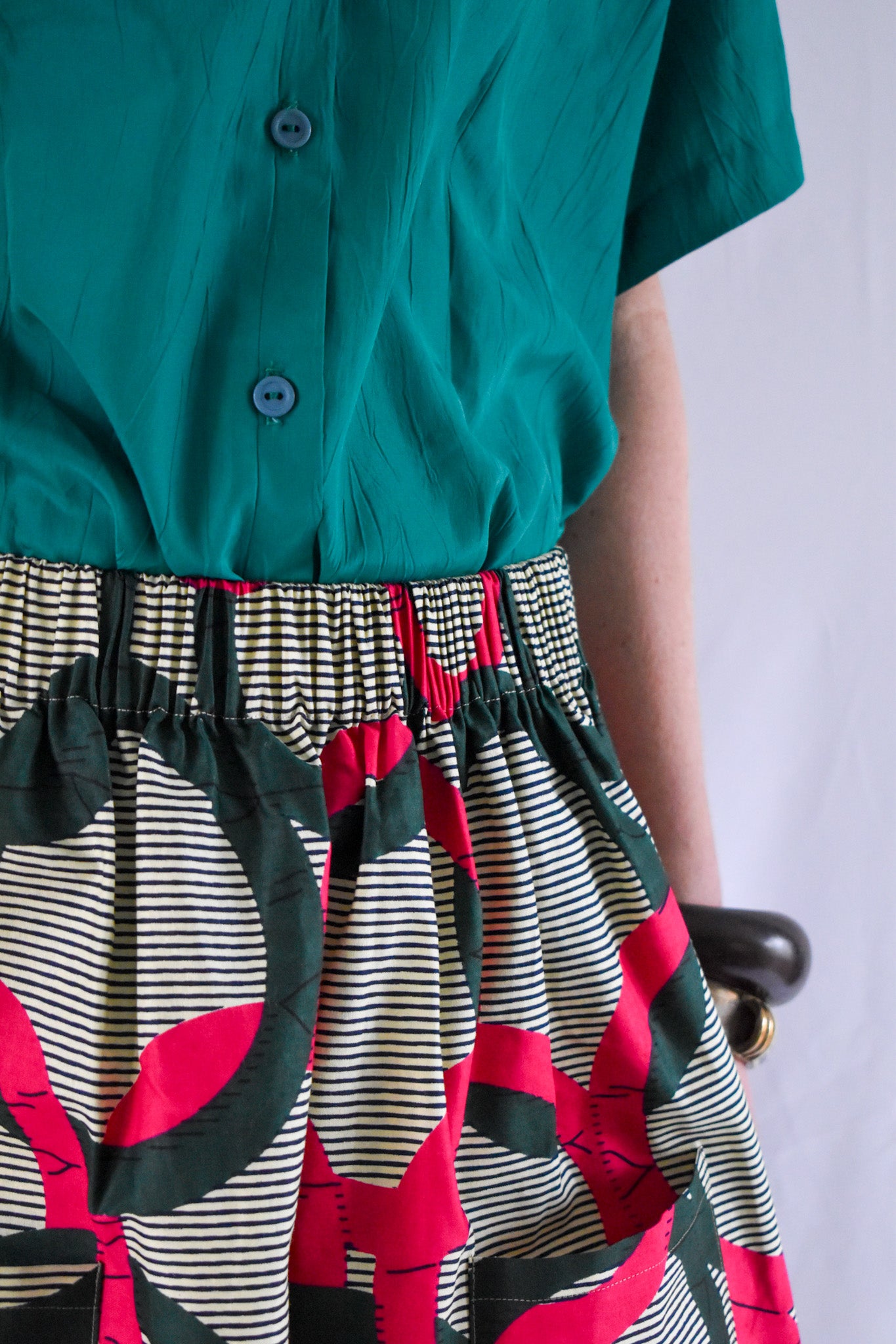 Green & Pink Circles Elastic Waist Midi Skirt Close up