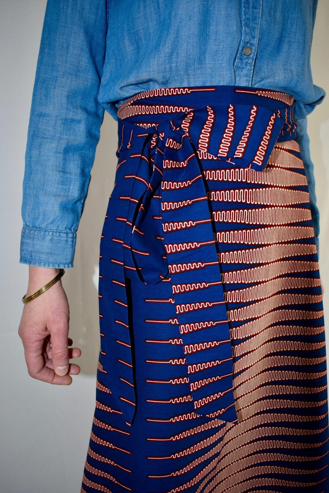 Blue and Burgundy Stripes Long Wrap Skirt