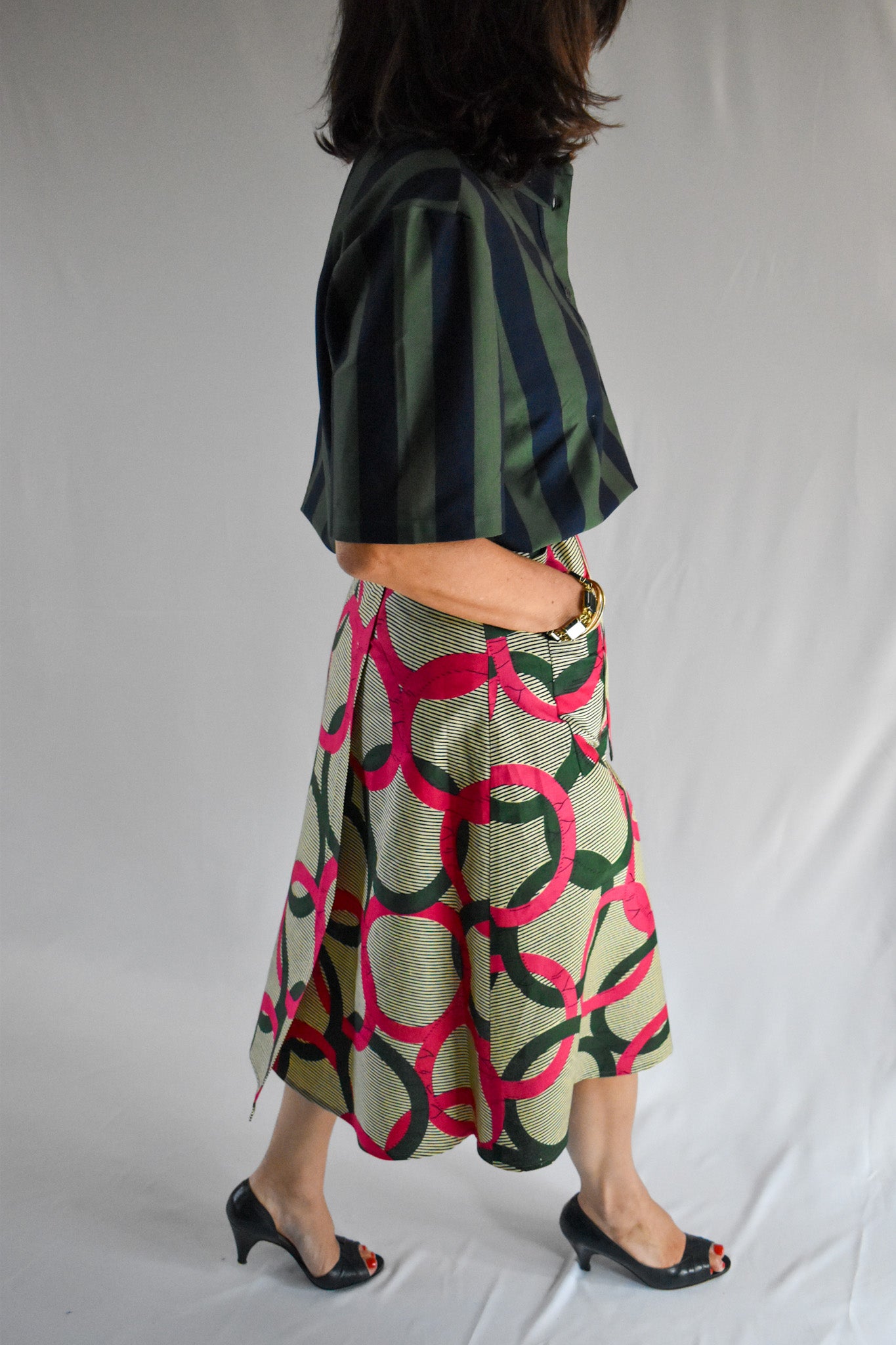 Aline Handmade Green & Pink Circles Midi Wrap Skirt onsēm