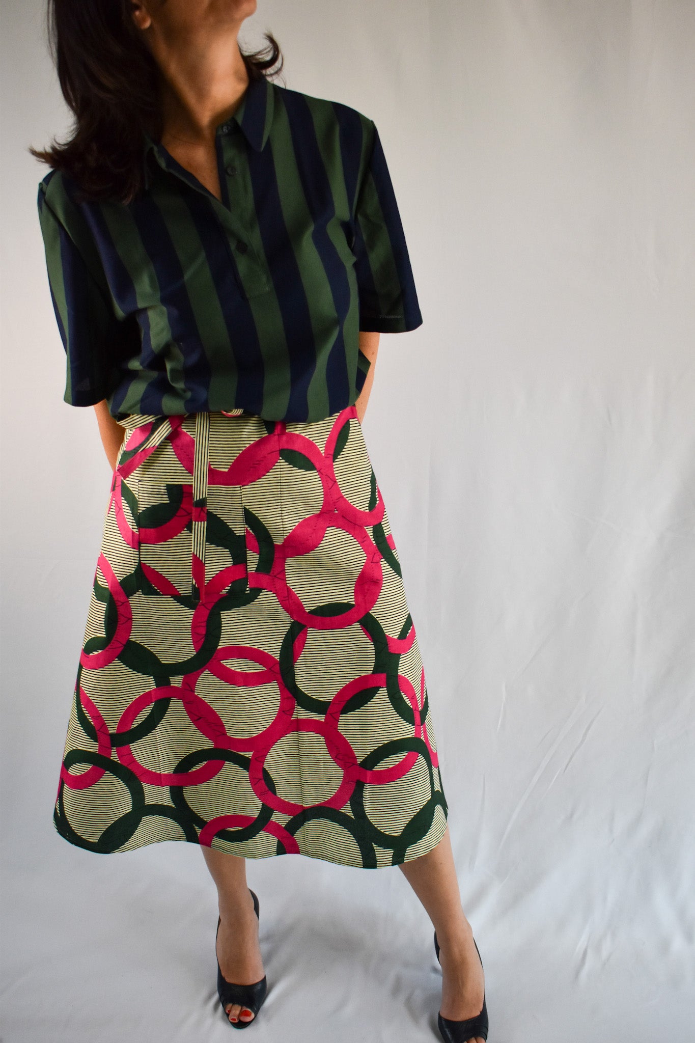 Aline Handmade Green & Pink Circles Midi Wrap Skirt onsēm