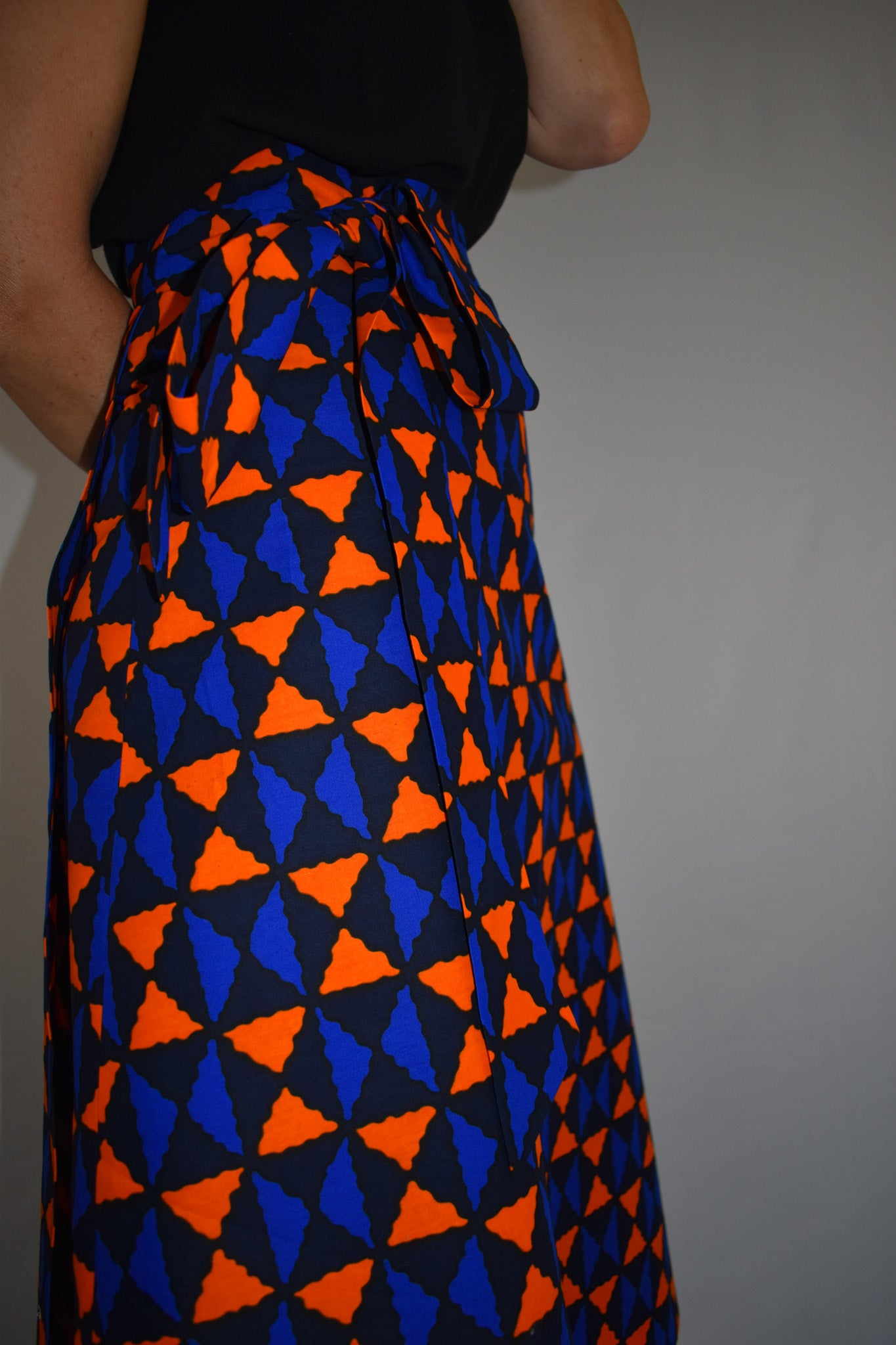 African Print Blue and Orange Losanges Long Wrap Skirt Close up