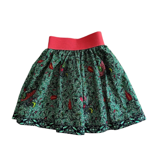 Green Dragon Elastic Waist Mini Skirt with Coral Waistband African Print