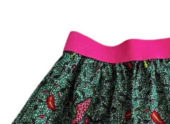 Green Dragon Elastic Waist Mini Skirt with Hot Pink Waistband Close up