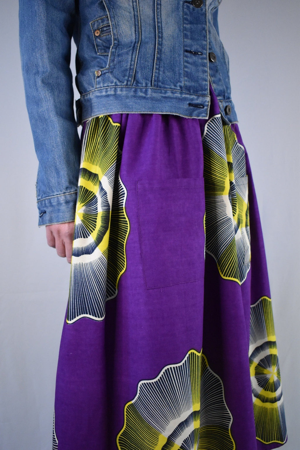Vibrant Purple & Yellow Elastic Waist Midi Skirt