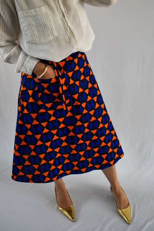 African Print Blue and Orange Losanges Midi Wrap Skirt