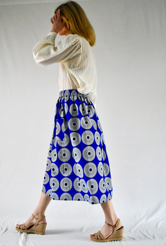 Bright Blue African Print Midi Elasltic Waist Skirt