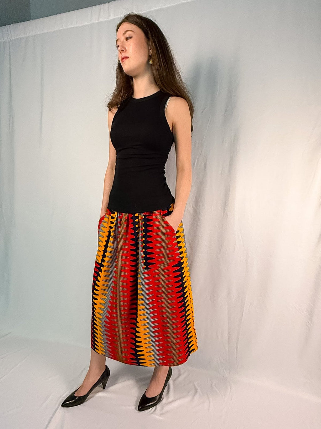 The Origin | Red Rhythm | Elastic Waist Midi Skirt
